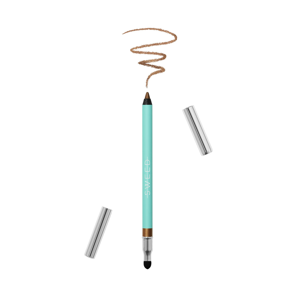 Cosmetic pencil with a swirled brown line above it, indicating the color and texture of the product.