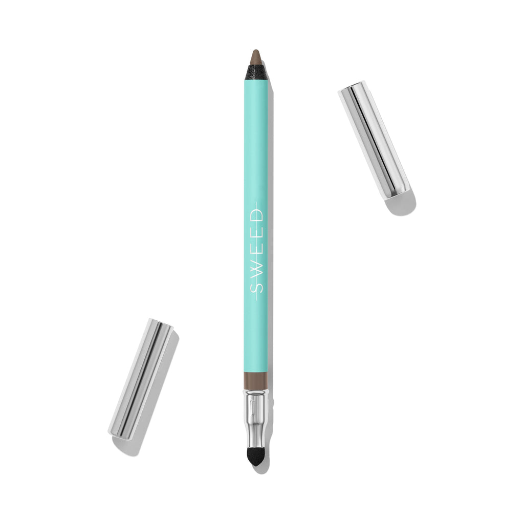 Turquoise eyeliner pencil with silver caps, one cap removed to reveal the product tip.