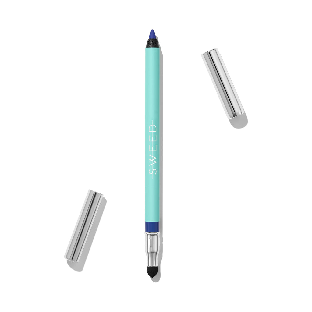 Blue eyeliner pencil with cap removed, isolated on a white background.