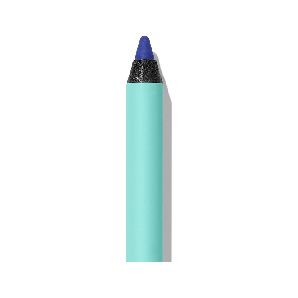 A blue colored pencil with a pointed tip, isolated on a white background.