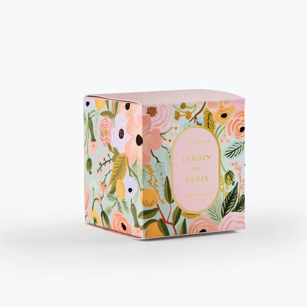 A decorative box with a floral pattern and the text "jardin de paris" on a white background.