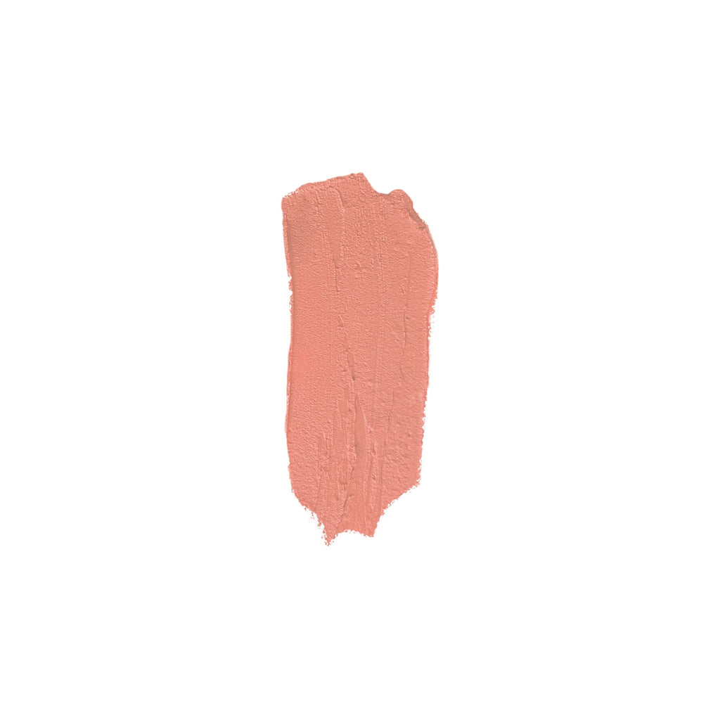Swatch of pink lipstick on a white background.