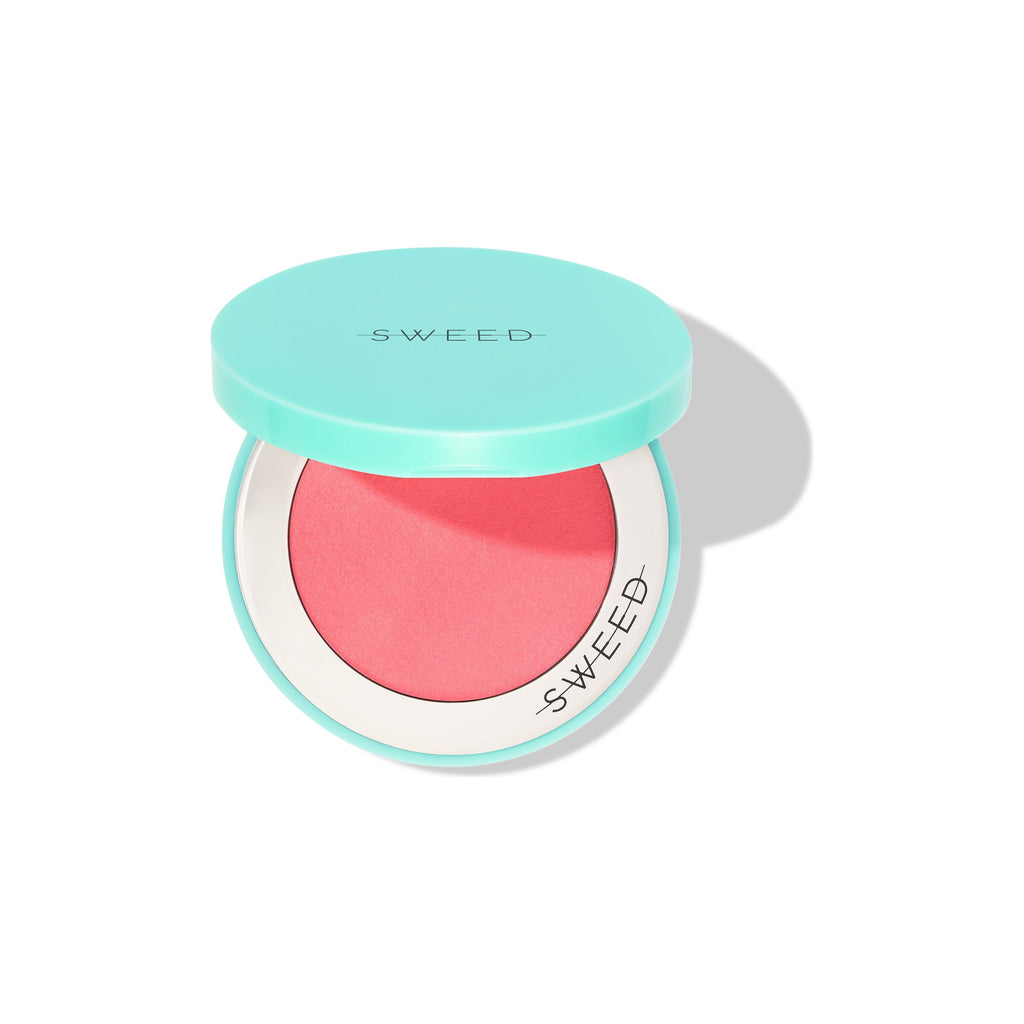 A compact of pink blush with a turquoise lid, isolated on a white background.