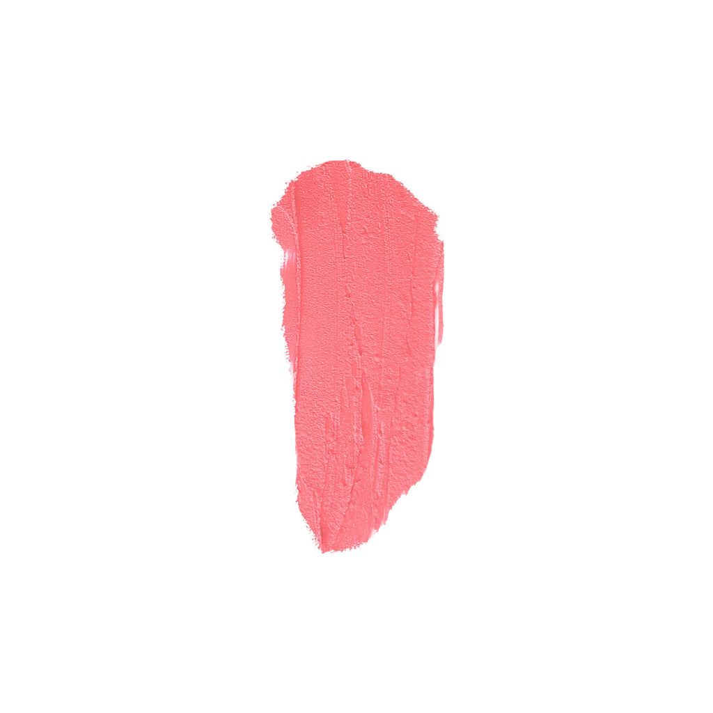 Smear of pink lipstick on a white background.