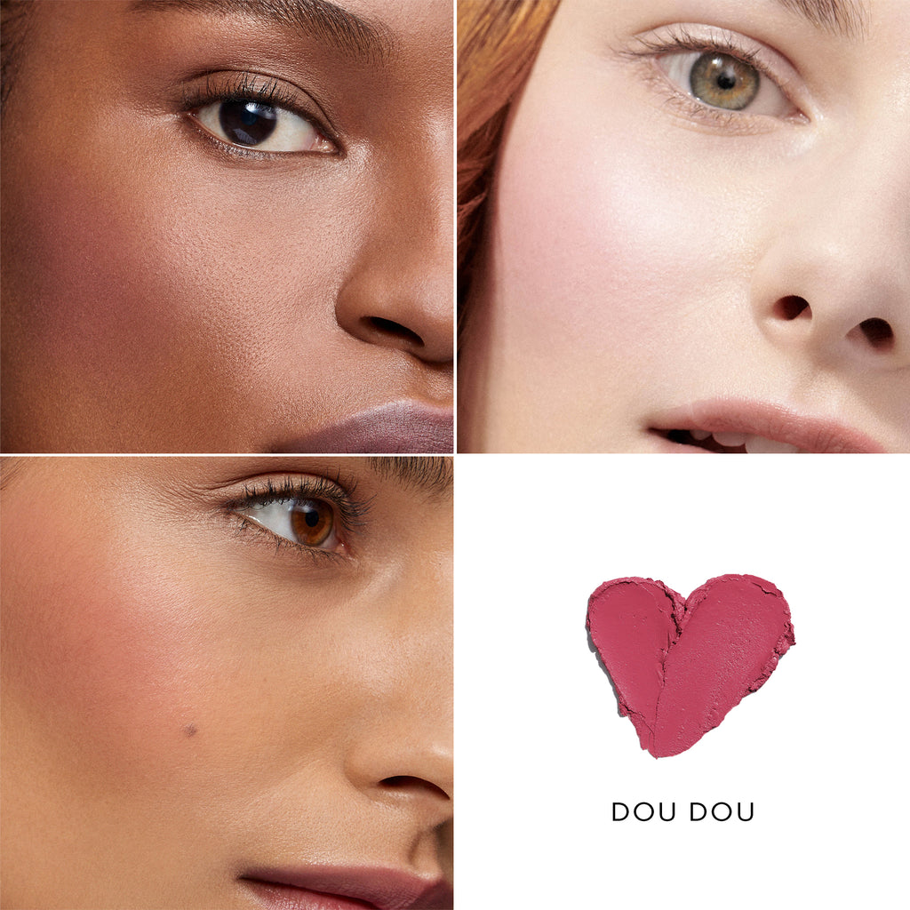 Four close-up images of women's faces with different skin tones, focusing on their eyes, and a heart-shaped lipstick swatch labeled "Westman Atelier Baby Cheeks Blush Stick" showcasing natural ingredients.