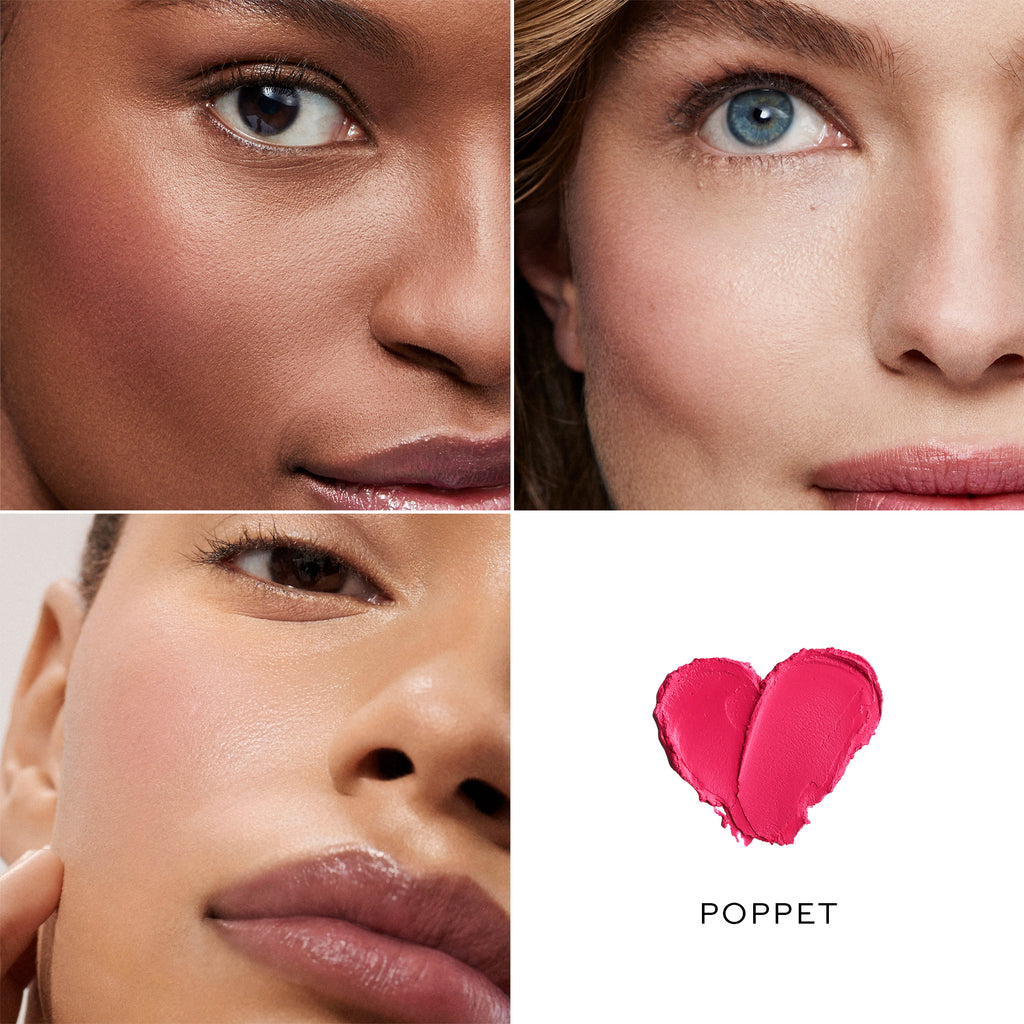 Collage of close-ups showcasing three women's faces with a focus on their eyes and a heart-shaped swatch of red lipstick labeled "Westman Atelier Baby Cheeks Blush Stick," boasting natural ingredients.