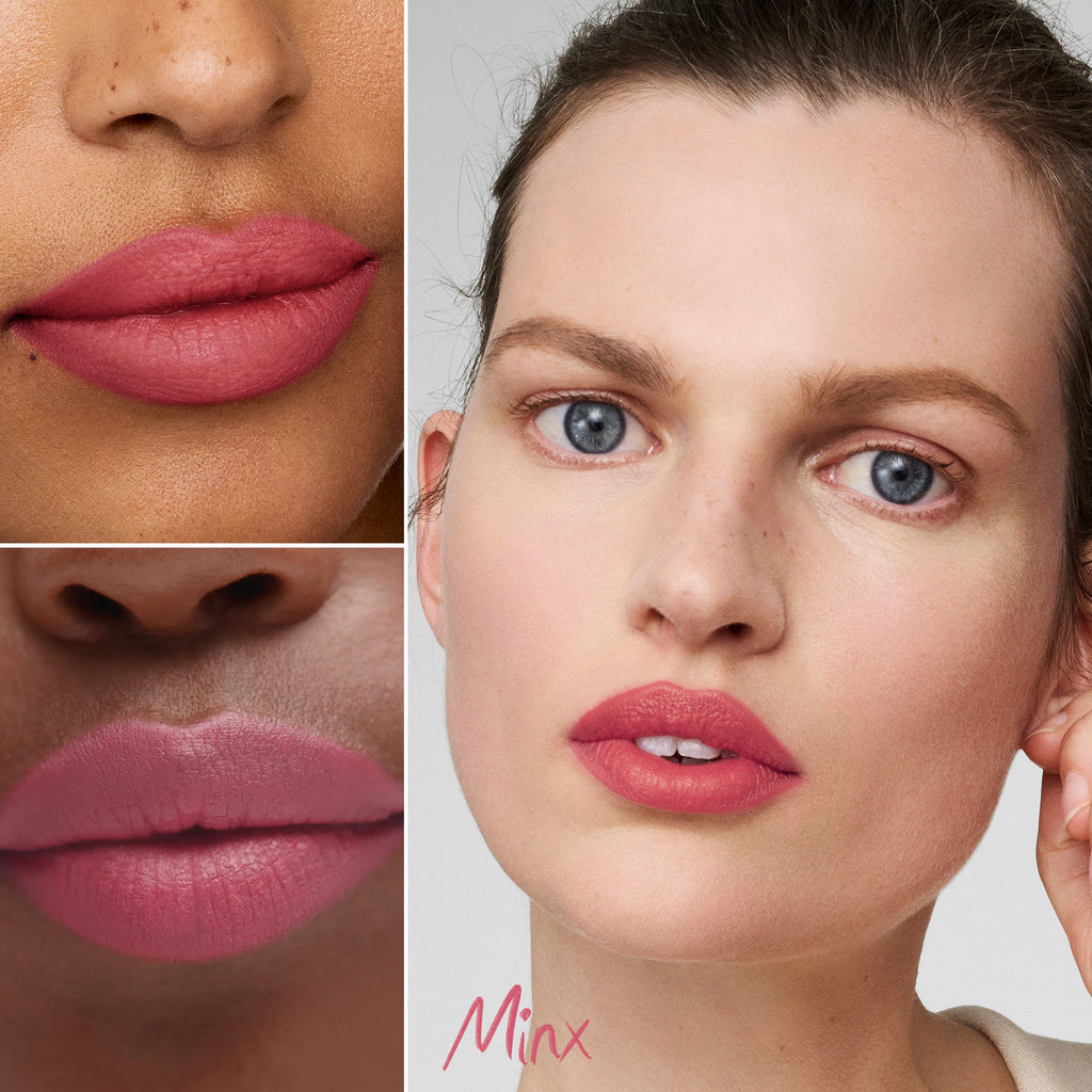 A collage of three women showing close-ups of their lips wearing pink lipstick, surrounding the word "minx".
