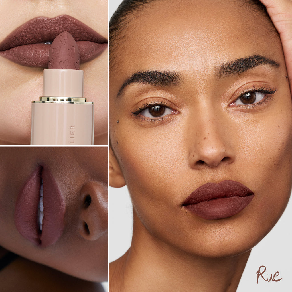 A collage showcasing a lipstick product and its effect, featuring close-up images of a model's lips before and after application, along with a portrait of the model.