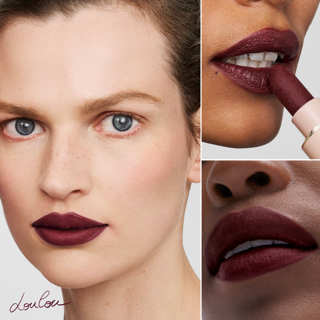 A composite image showcasing a model with burgundy lipstick, including a close-up of the lips and the application of the product.