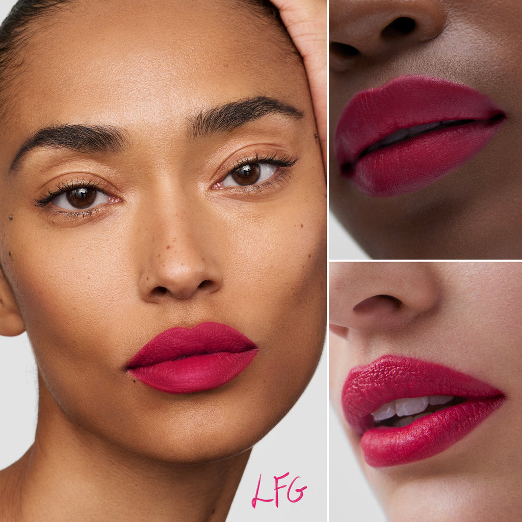 Three close-up views of a woman's lips painted with bright pink lipstick, showcasing the makeup's color and application.