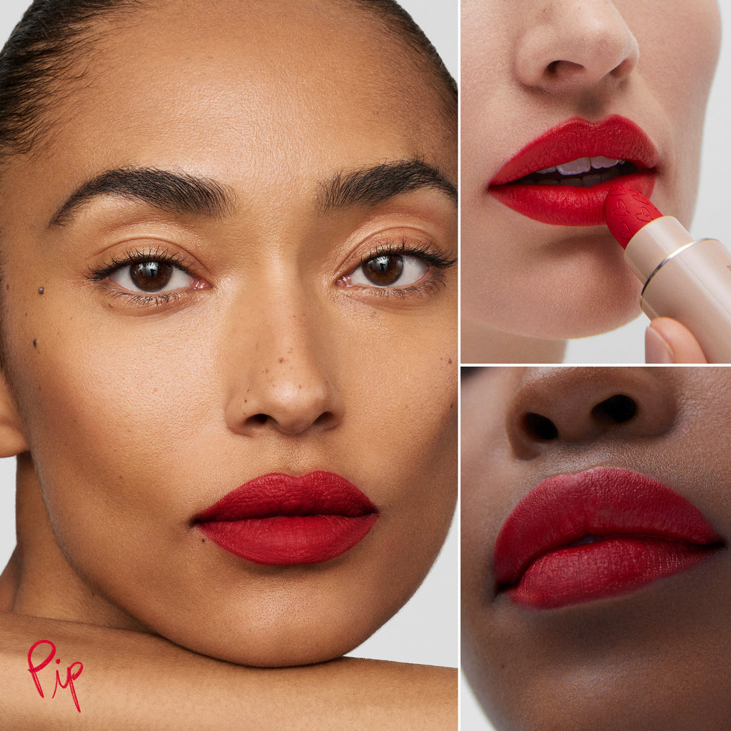 A collage of three close-up images showing a woman applying red lipstick, with detailed views of her lips and portion of her face.