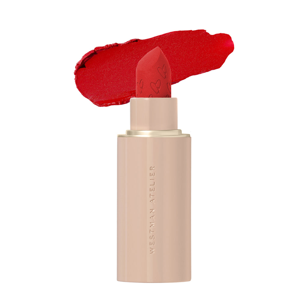 Red lipstick with smudged sample above.