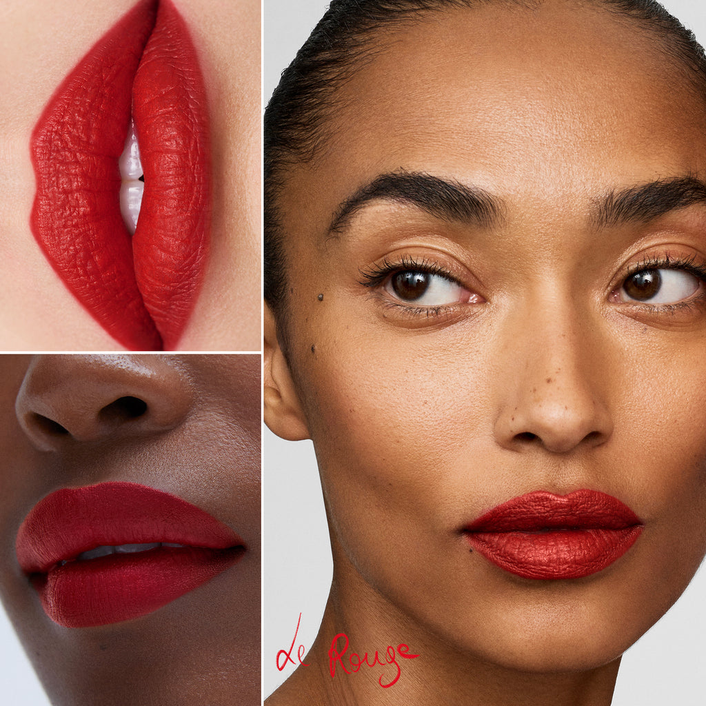 A collage of close-up images showcasing vibrant red lipstick on different women.