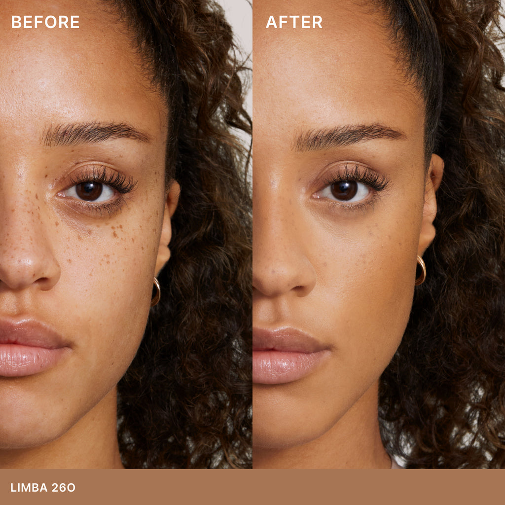 A before and after comparison of a woman's facial appearance, likely showcasing the effects of a cosmetic product or treatment.