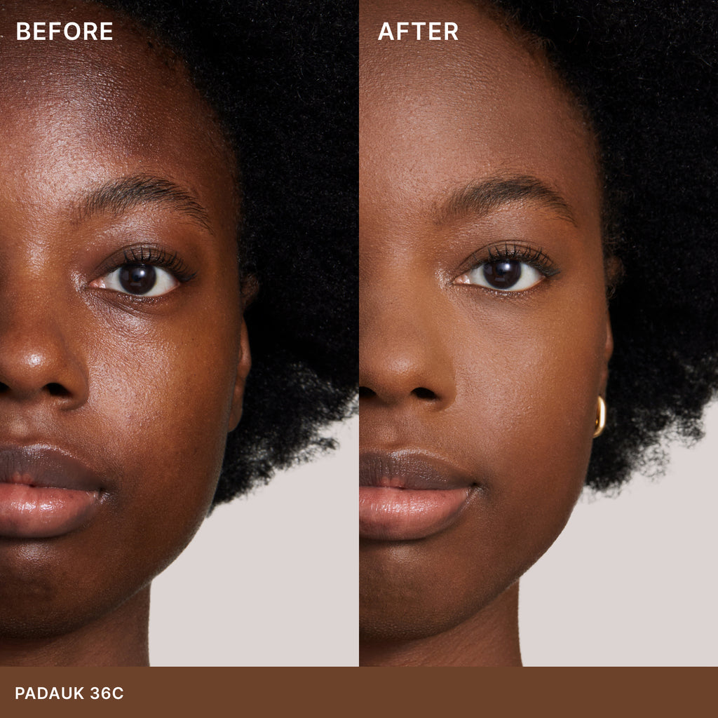 Before and after comparison of a skincare or makeup product on a woman's face.