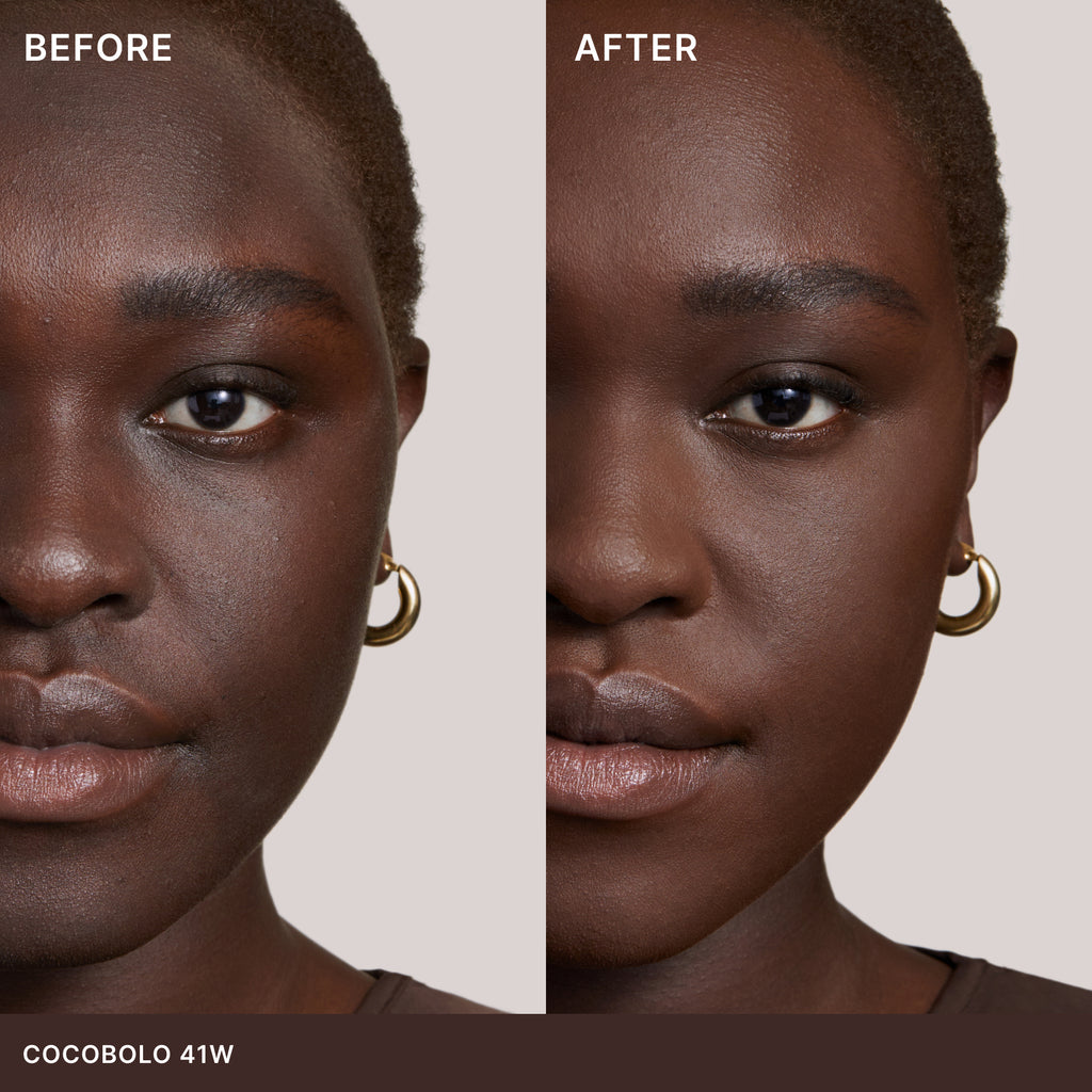 Before and after comparison of a woman's face showing the effects of makeup application.