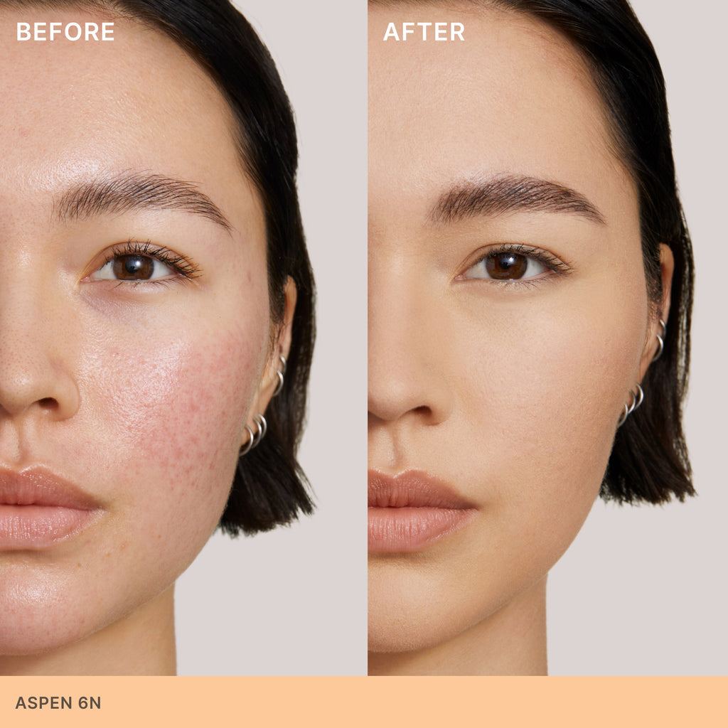 Before and after comparison of a woman's facial skin, possibly demonstrating the effect of a cosmetic or skincare product.