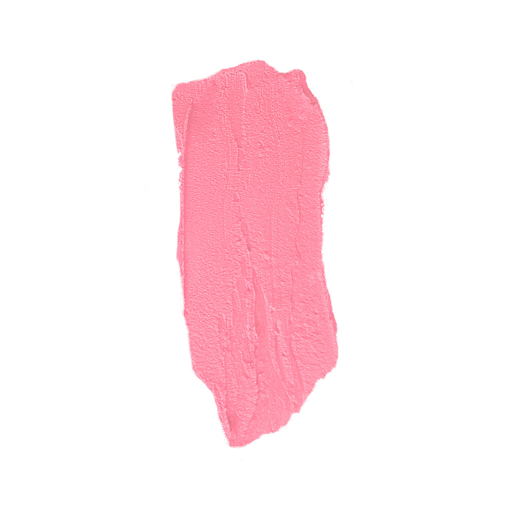 A swipe of pink lipstick smeared on a white background.