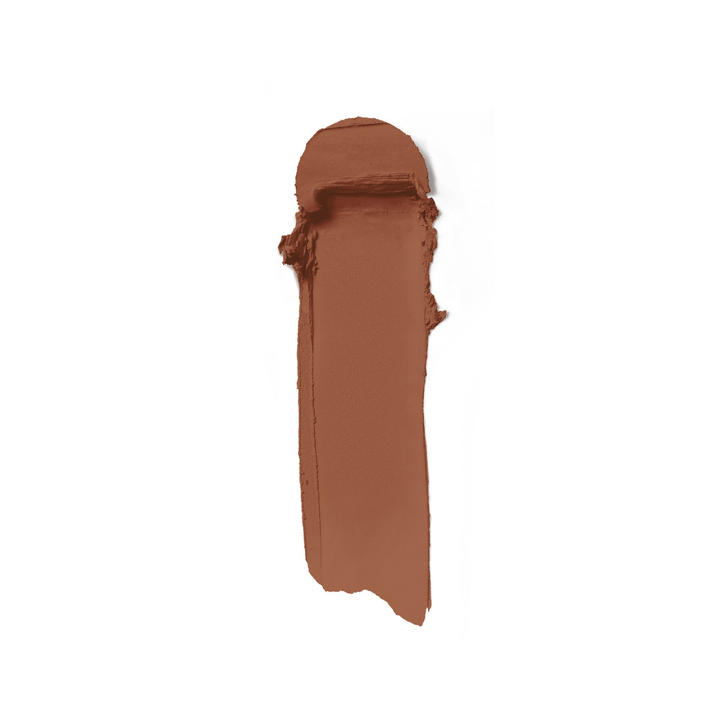 A swatch of brown lipstick smeared on a white background.