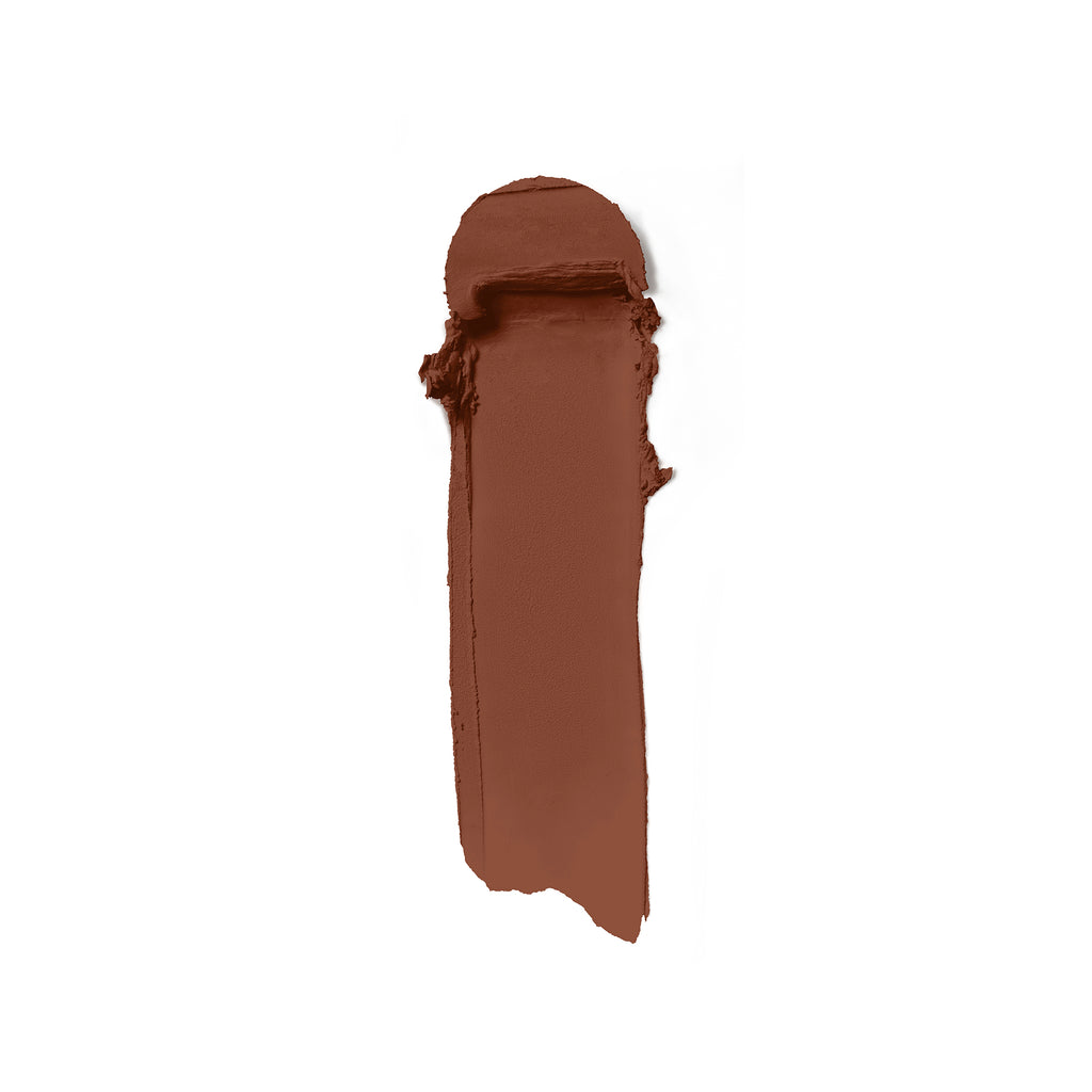 A single stroke of brown lipstick swatch on a white background.