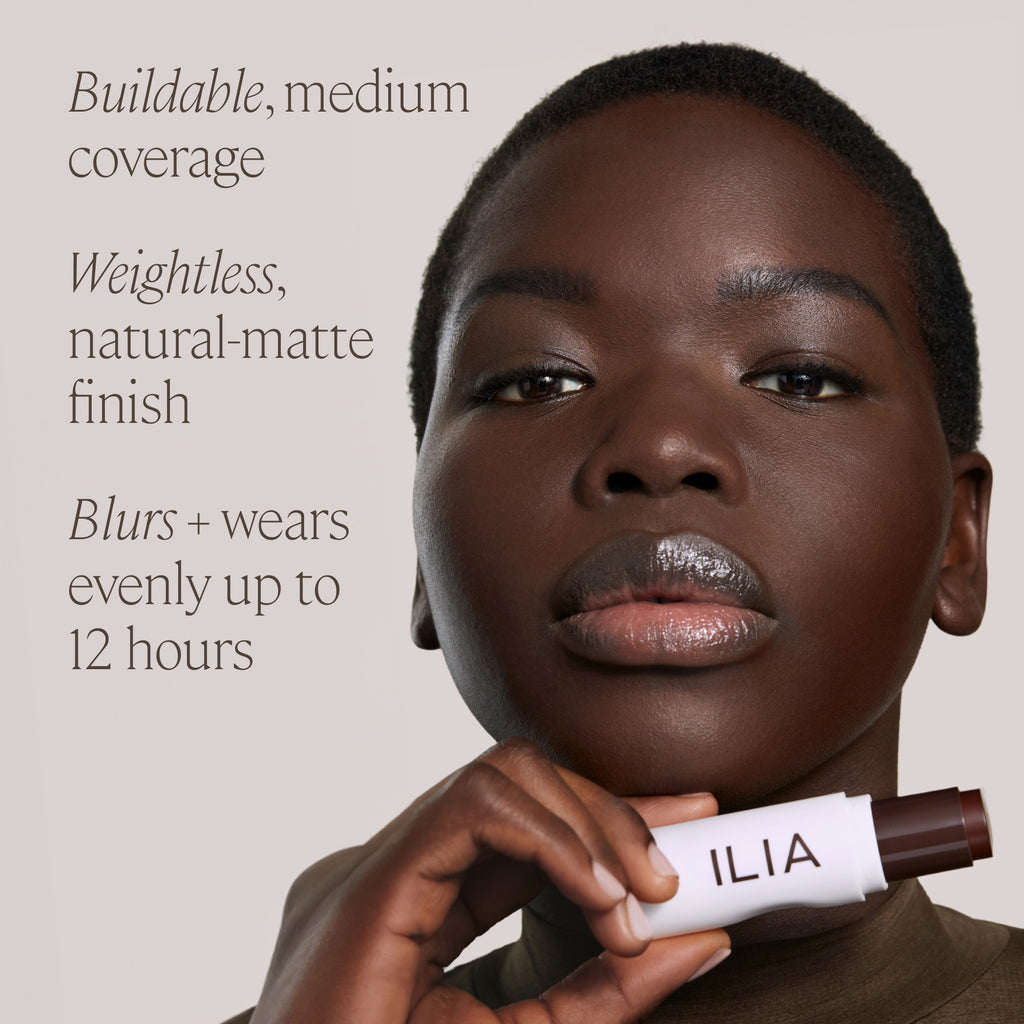 Cosmetics advertisement featuring a close-up of a woman holding a makeup product.