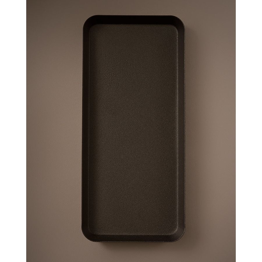 A rectangular, black powder coated steel tray with a textured surface on a beige background: Homecourt Yamazaki Home Steel Tray.