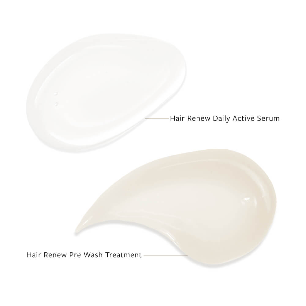 Two samples of hair care products displayed on a white background: hair renew daily active serum and hair renew pre wash treatment.