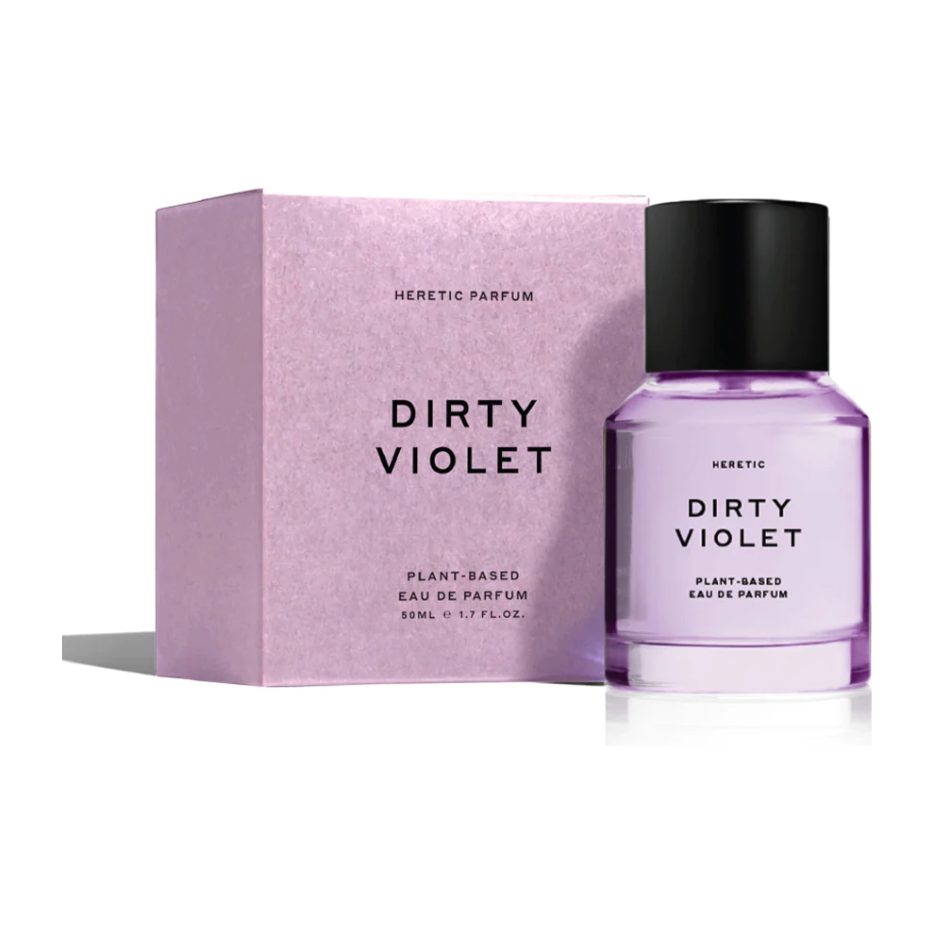A bottle of 'dirty violet' heretic perfume next to its packaging.