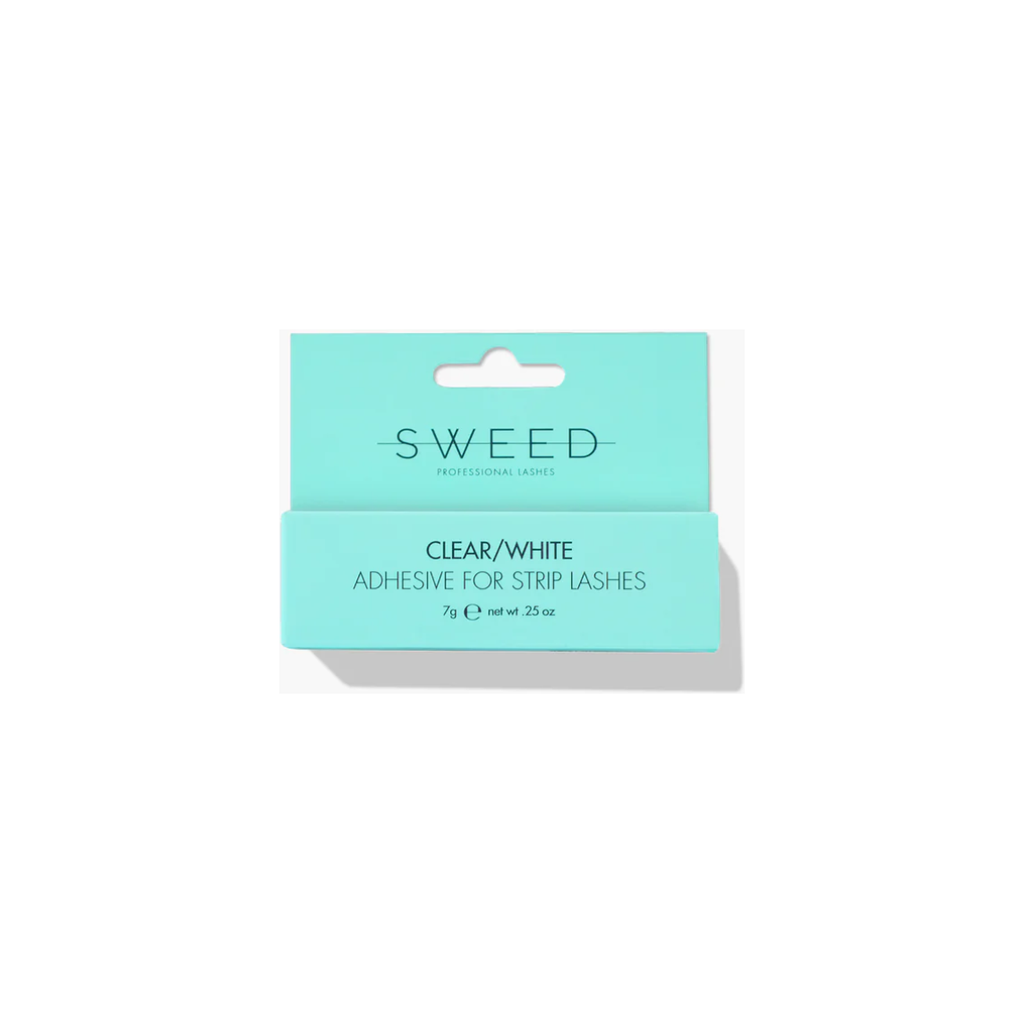 Packaging of sweed clear/white adhesive for strip lashes.