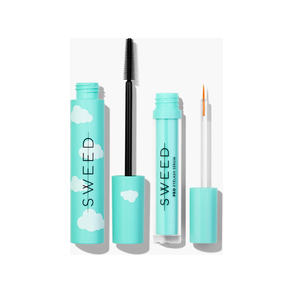 Mascara and eyeliner set with sky-blue packaging and cloud motifs.