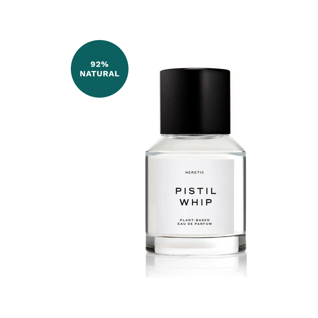 Clear perfume bottle labeled "Heretic Parfum Pistil Whip" with black cap, and a teal "92% natural" badge, scented with gardenia, on a white background.