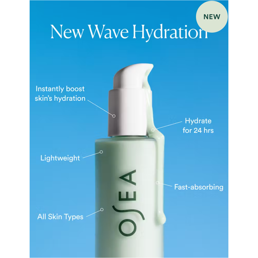 A white pump dispenser labeled "Osea Hyaluronic Body Serum" on a blue background, advertising a new, fast-absorbing, lightweight body serum suitable for all skin types, effective for 24 hours.
