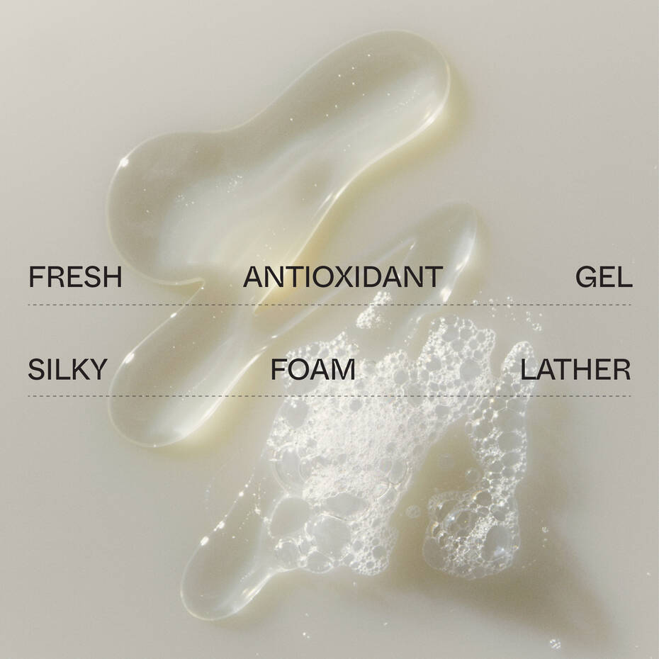 Swatches of translucent silky gel and foaming white lather on a neutral background, labeled "Youth To The People Superfood + Niacinamide Body Cleanser.