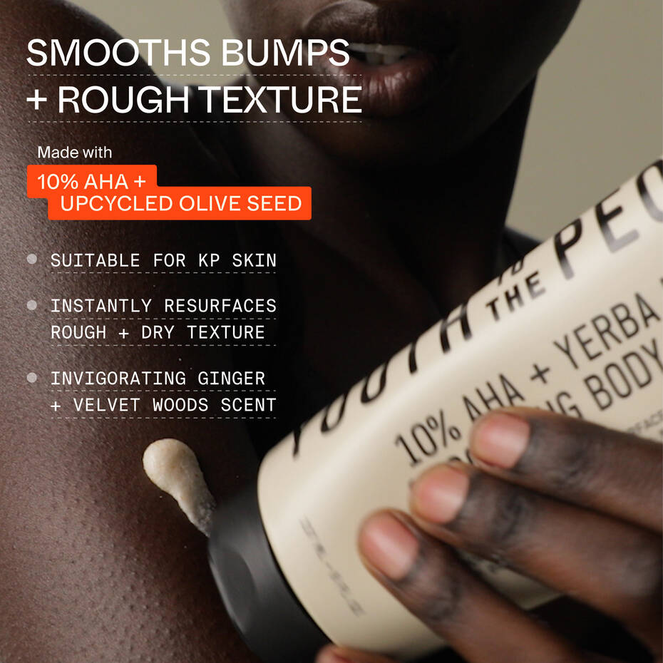 A person applying Youth To The People 10% AHA + Yerba Mate Smoothing Energy Body Scrub from a labeled bottle with text highlights about its benefits for smoothing skin and rough texture using AHAs.