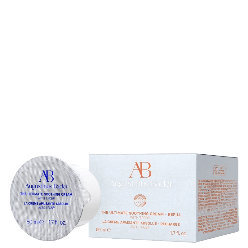 Skincare product packaging for "augustinus bader the ultimate soothing cream" with a 50 ml container and an information box.