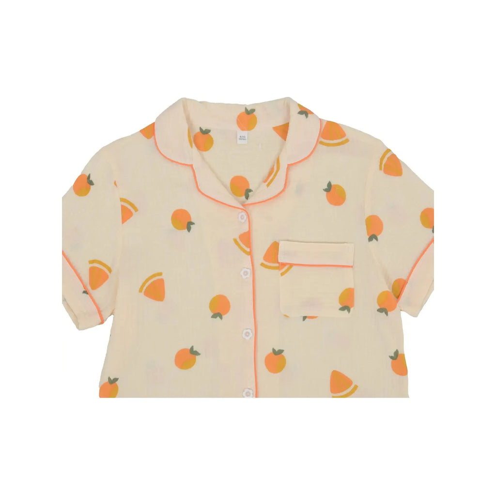 A short-sleeve cotton loungewear shirt with a collar, featuring an Anna Kaci Fruit Pattern print pattern, laid flat against a plain background.