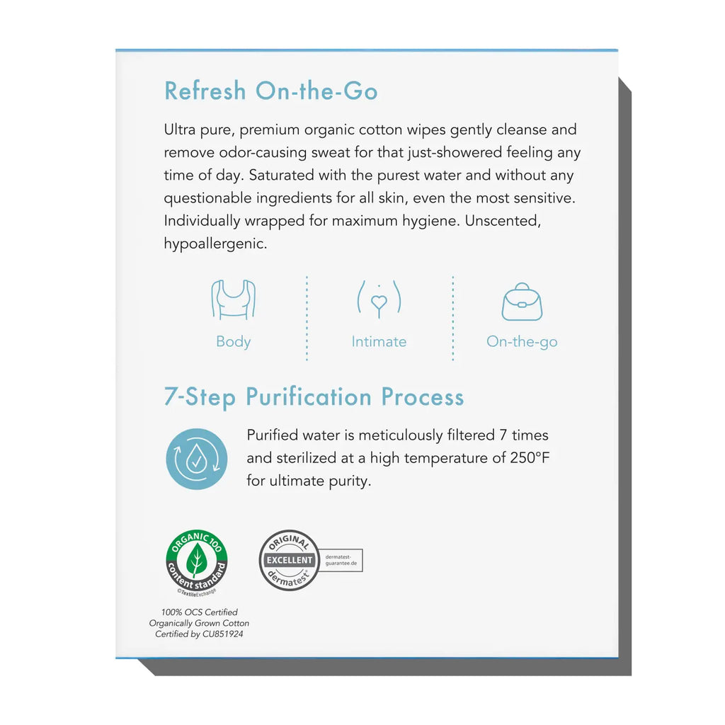 Product label for organic cotton wipes highlighting features such as 7-step purification process, hypoallergenic, and unscented for intimate, body, and on-the-go use.