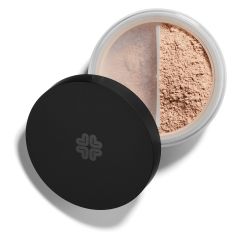 Loose powder makeup product with half of the powder in a beige tone and the other half in a translucent shade, container partially open with a black lid.