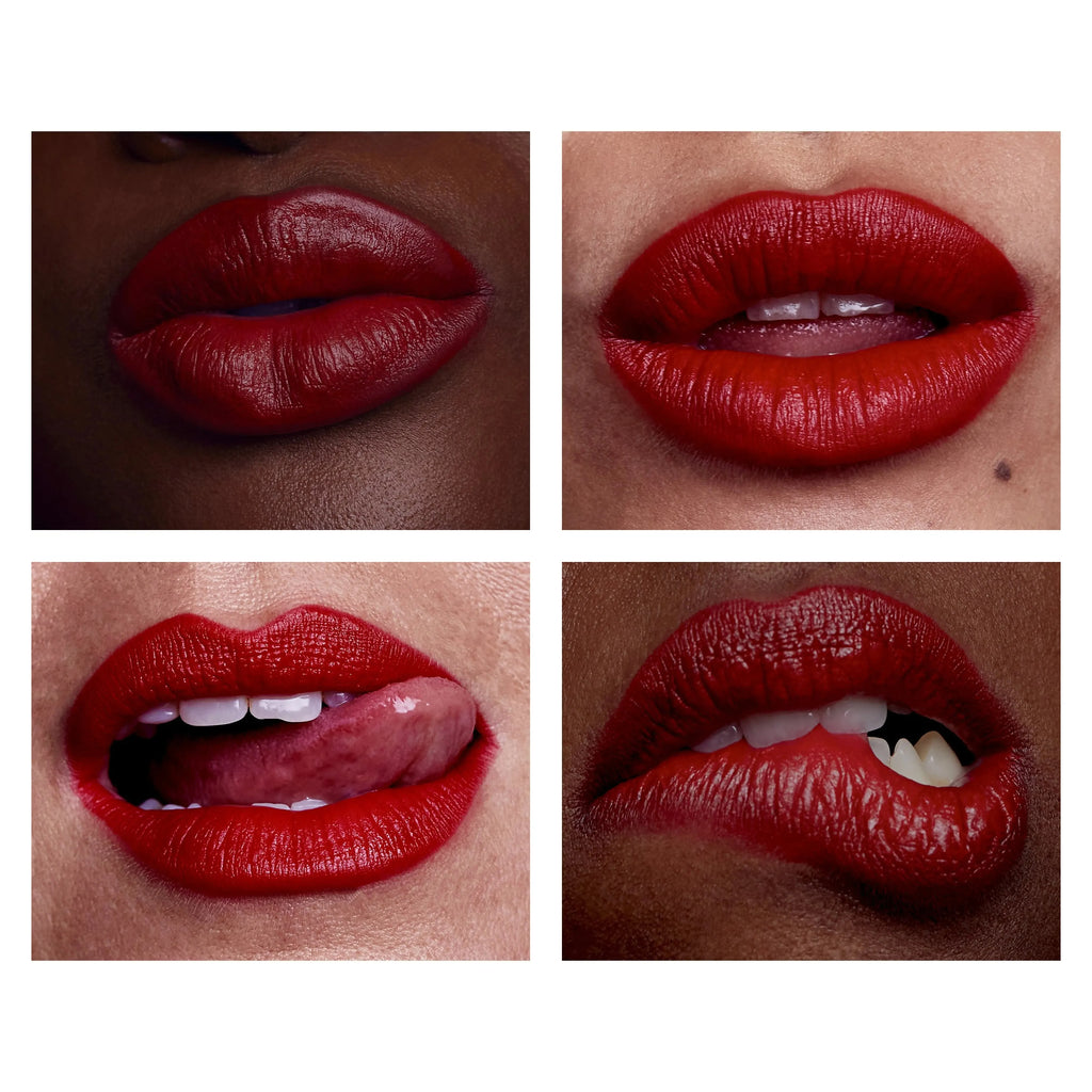 Four close-up images of red lips in varying positions: closed, slightly open, open with teeth visible, and open with tongue visible.