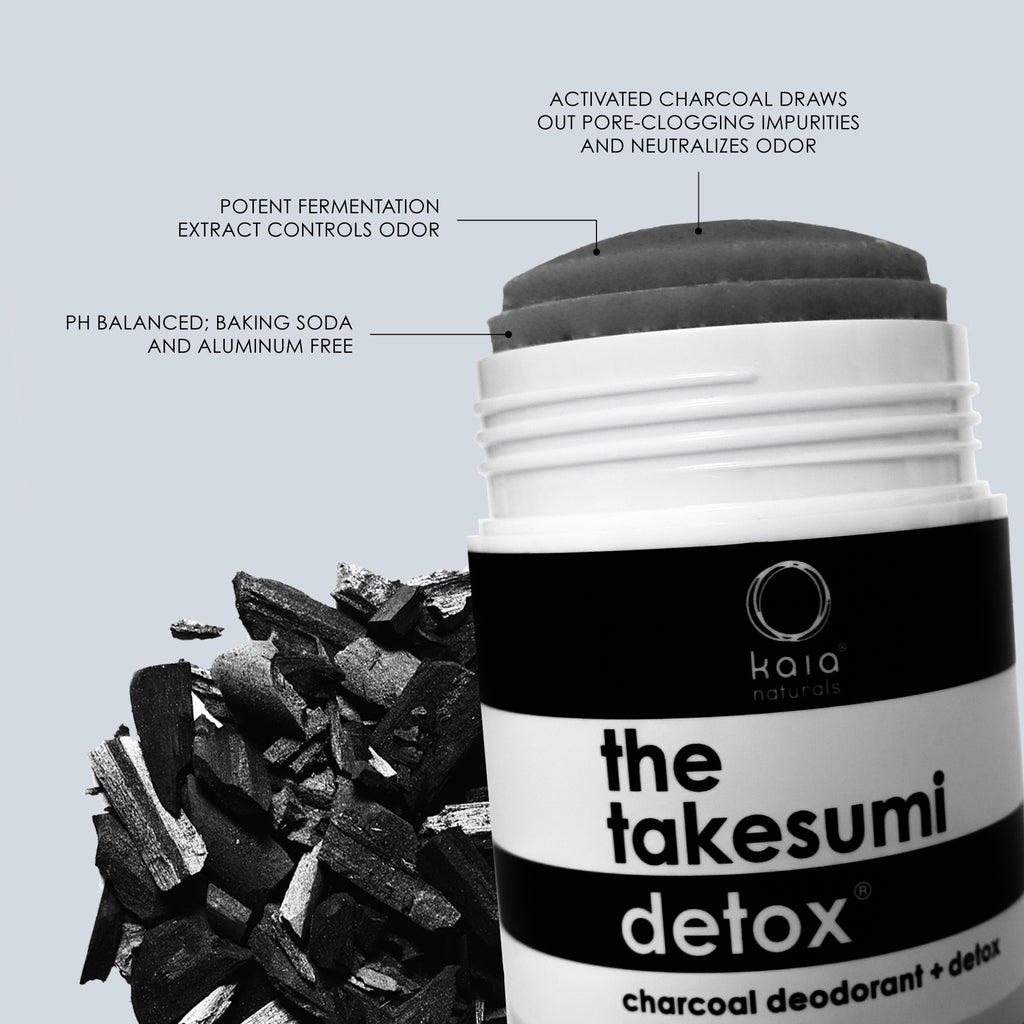 Activated charcoal deodorant with a background of charcoal pieces and product benefits highlighted.