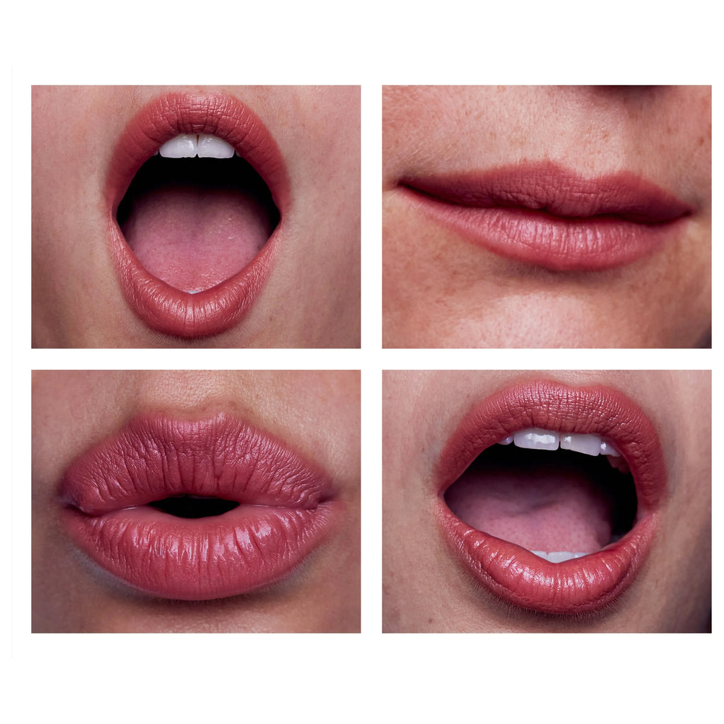 Four close-up images showing a variety of lip shapes and lipstick shades.
