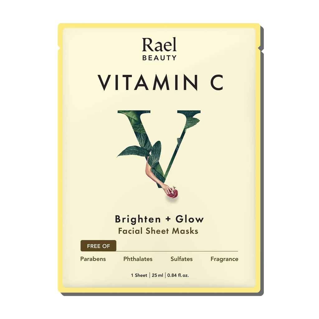 Package of rael beauty vitamin c brighten + glow facial sheet masks.