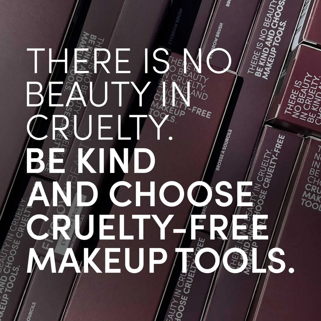 Boxes with the message "There is no beauty in cruelty. Be kind and choose Fitglow Beauty Master Brush Set" in large white text on top.