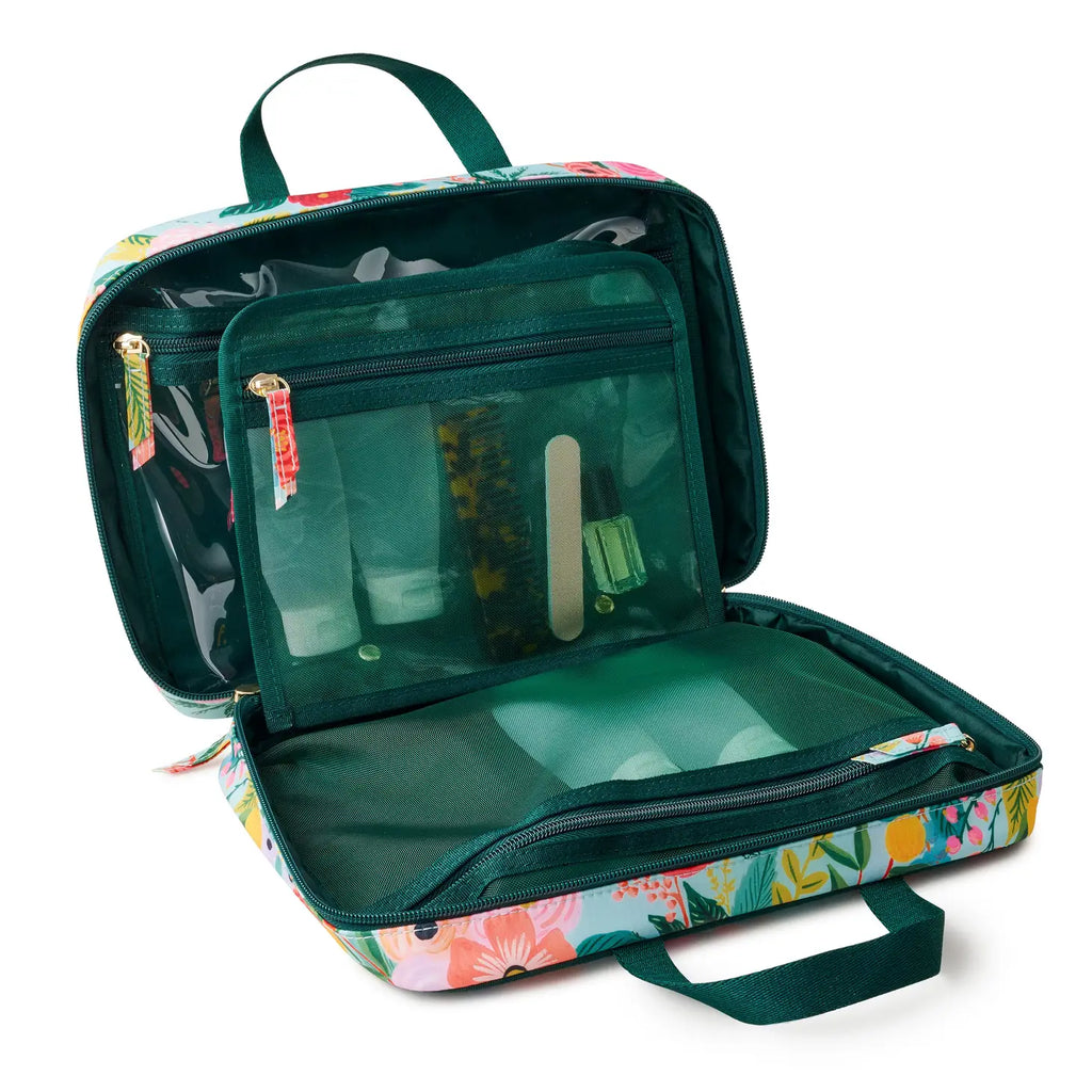 Floral-patterned cosmetic travel case with compartments displayed open on a white background.