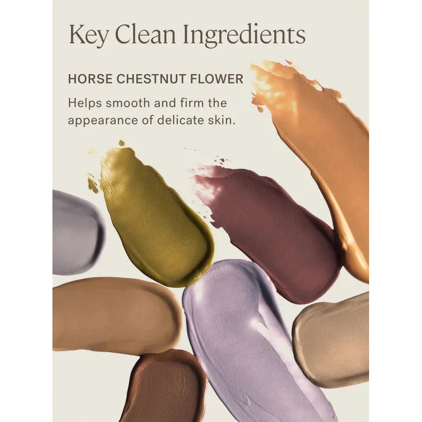 Swatches of various cosmetic creams displayed alongside text promoting horse chestnut flower ingredients for skin firming benefits.