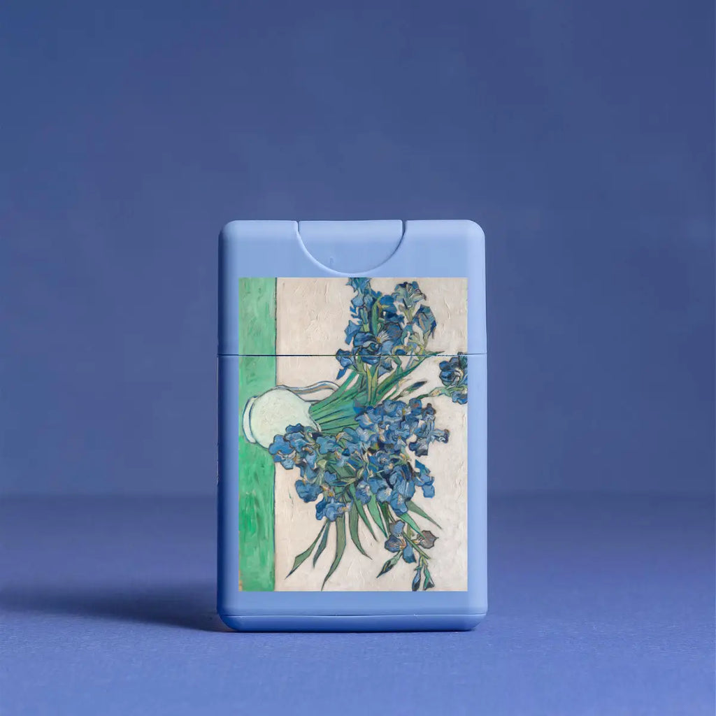Plastic container with a printed image of van gogh's "irises" painting on a blue background.