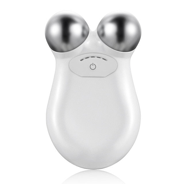 Handheld facial massage device with dual metal rollers.