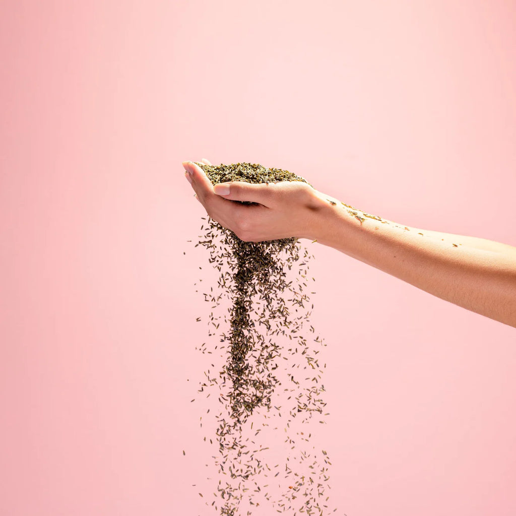 A hand pouring dried herbs against a pink background.