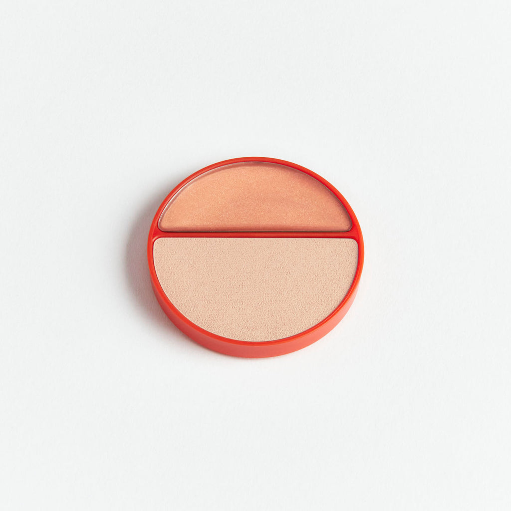 Compact blush and highlighter duo on a white background.