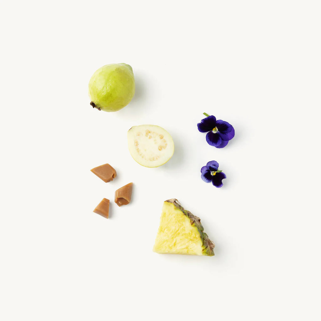 Guava, pineapple, chocolate, and pansies arranged on a white background.